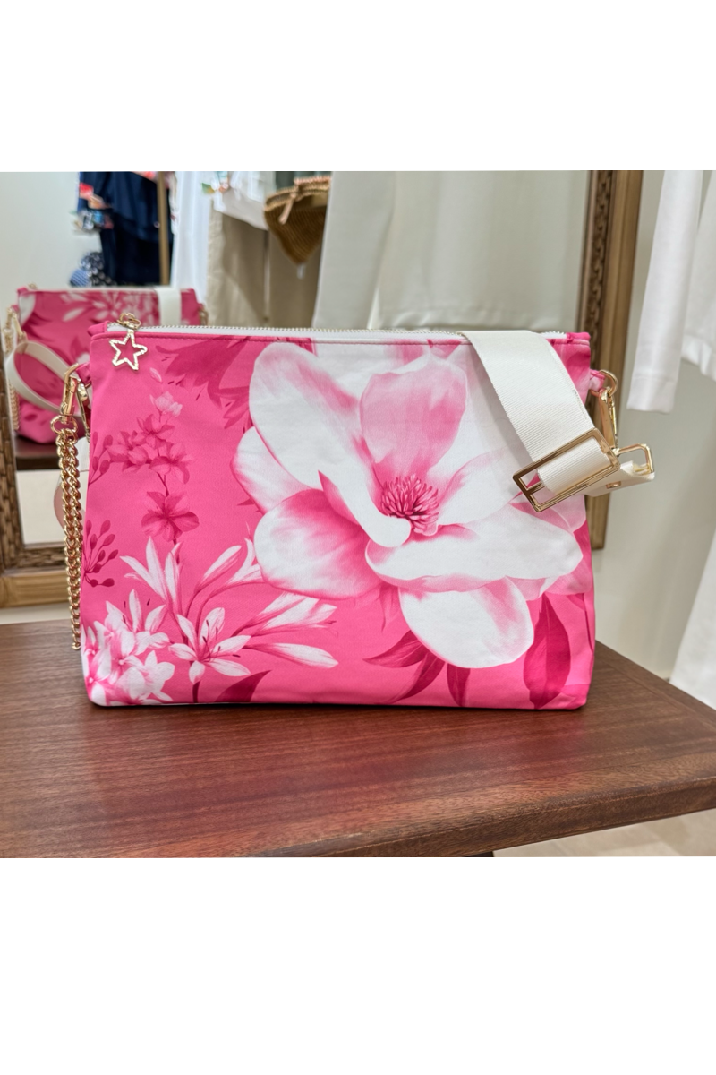 Fuşya Çiçekli Portföy Çanta  (Çapraz Askılı)
