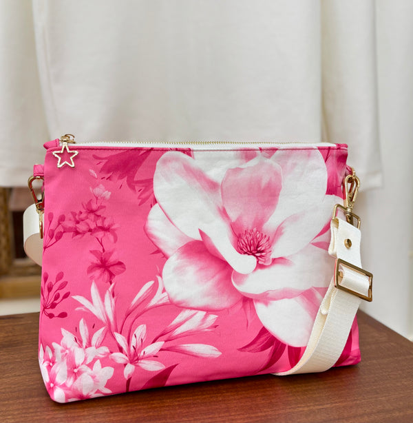 Fuşya Çiçekli Portföy Çanta  (Çapraz Askılı)
