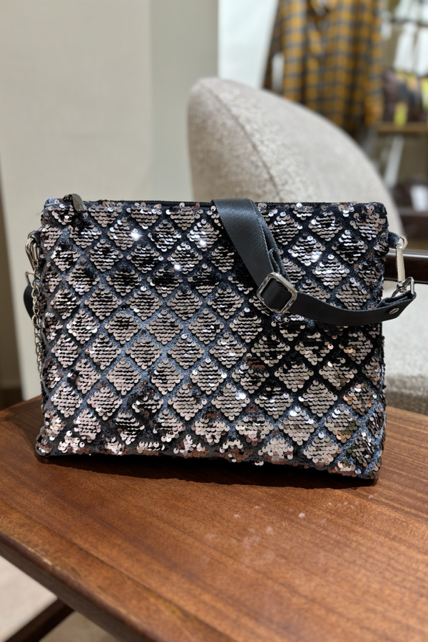 Gri Payetli Portföy Çanta  (Çapraz Askılı)