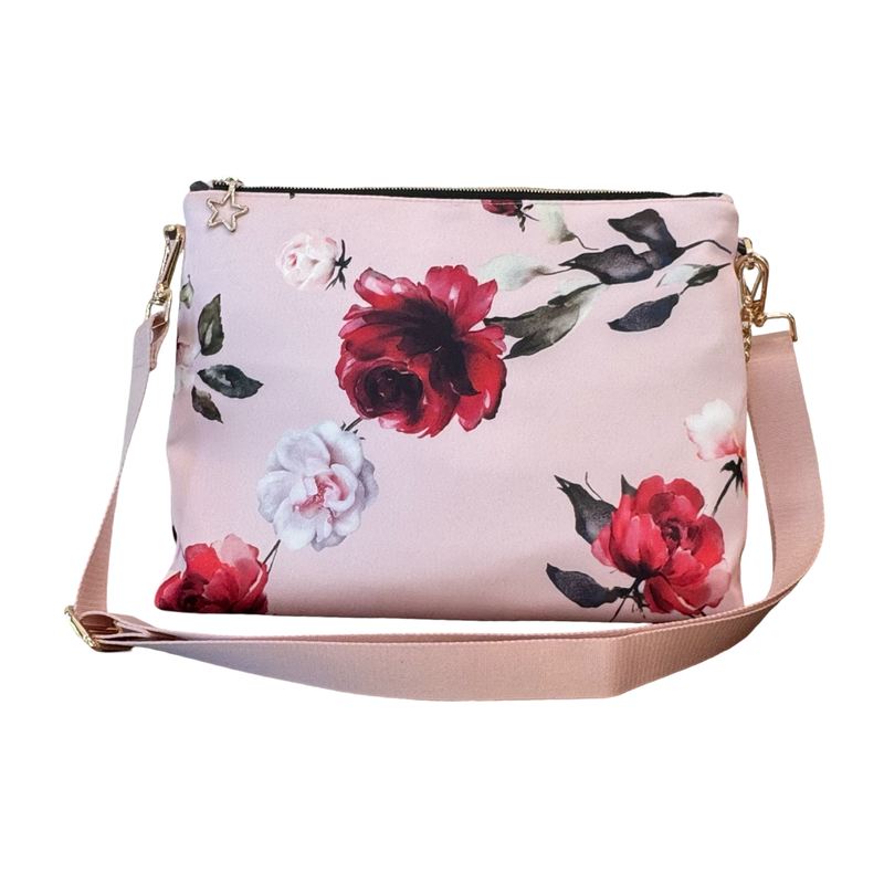 Pembe Çiçekli Portföy Çanta  (Çapraz Askılı)