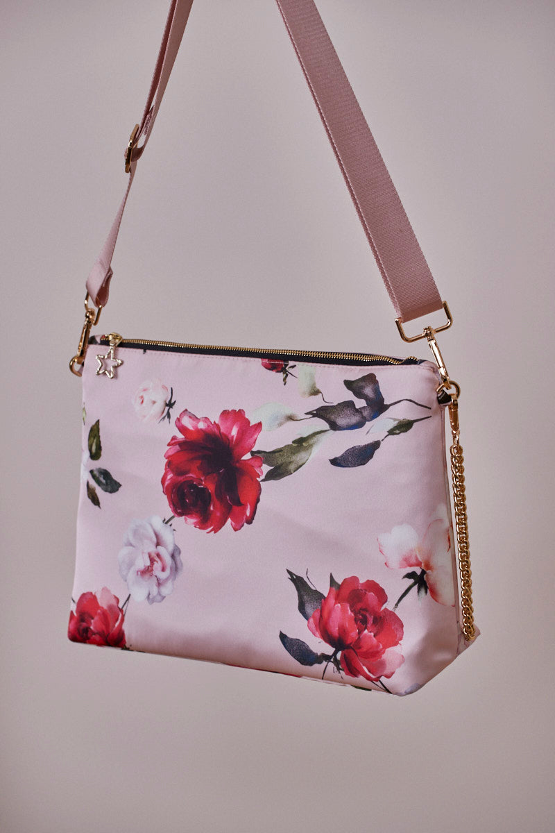 Pembe Çiçekli Portföy Çanta  (Çapraz Askılı)