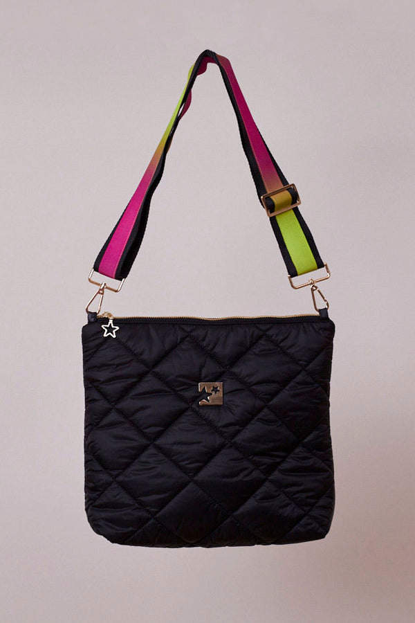 Büyükboy Siyah Kapitone Çapraz Çanta (Pembe askılı)