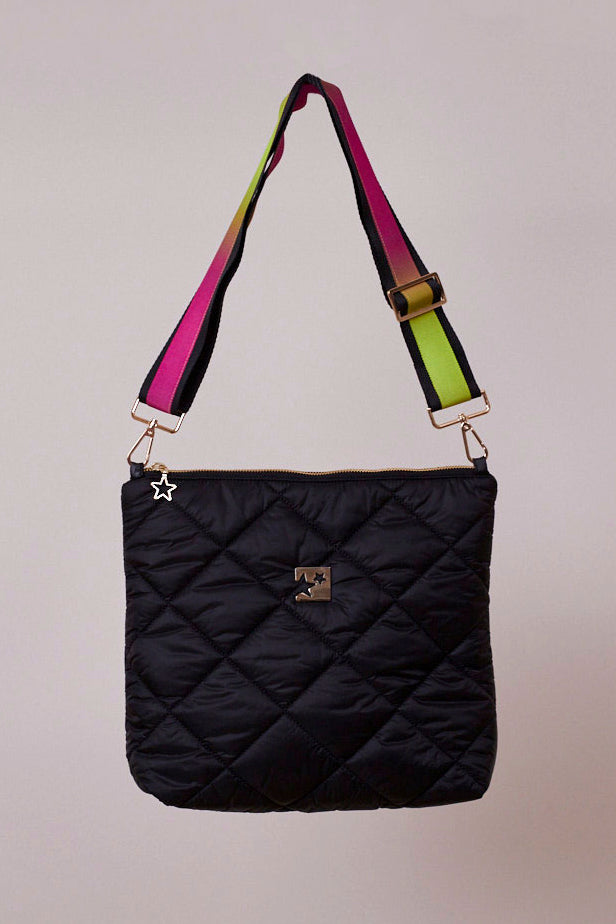 Büyükboy Siyah Kapitone Çapraz Çanta (Pembe askılı)