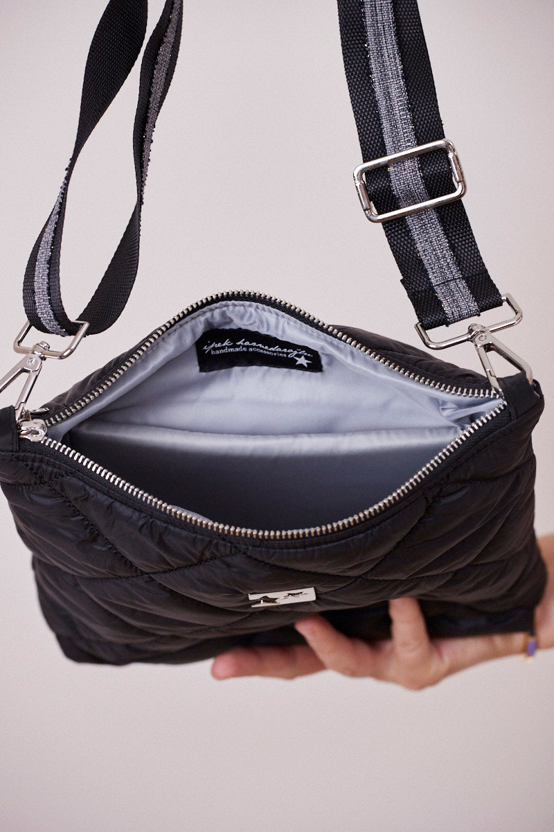 Siyah Kapitone Çapraz Çanta (Gri askılı)