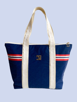 Mavi Süet Shopping Bag (Kırmızı çizgili)